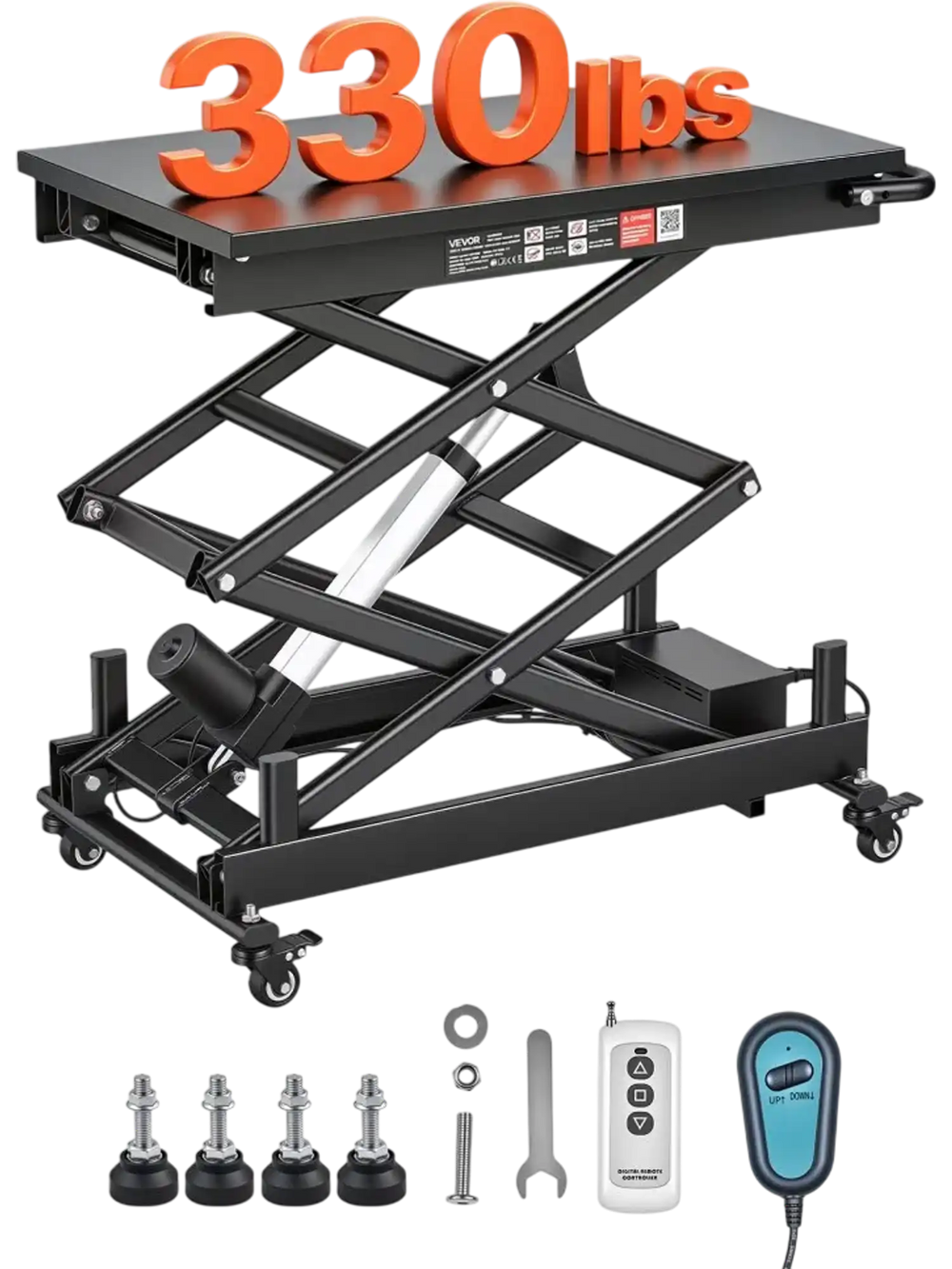 VEVOR Electric Lift Table, 330 lbs Capacity Double Scissor Lifting Table, Great for Material Handling, Moving, Transportation, 43 in Max. Height Adjustable Lift Platform, 4 Swivel Casters with Brakes