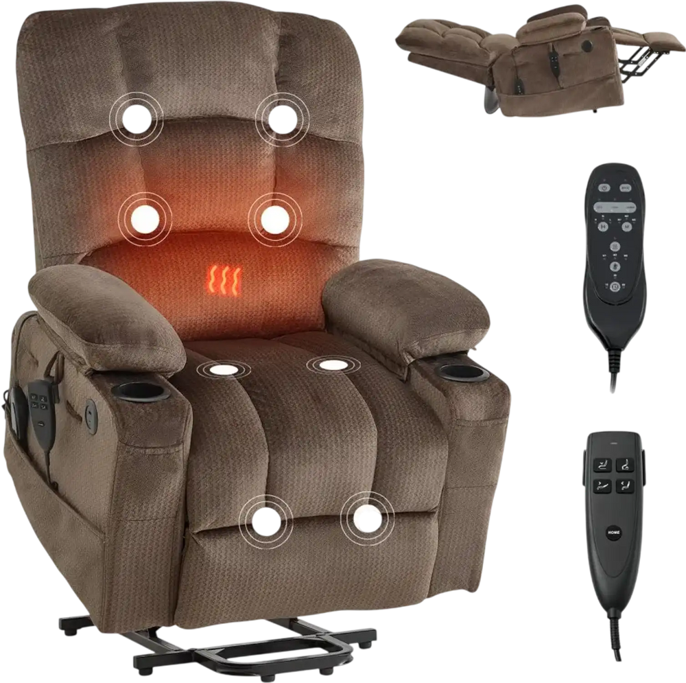 VEVOR Power Lift Recliner Chair, Dual Motor, Large Electric Lift Chair with Heat and Massage for Elderly, Infinite Position Adjustment, Velvet Fabric, with Side and Front Pockets, Cup Holders, Brown