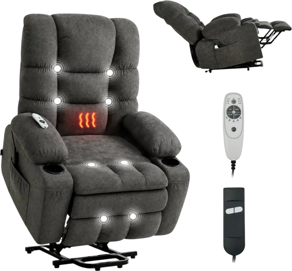VEVOR Power Lift Recliner Chair, Large Electric Lift Chair with Heat and Massage for Elderly, Infinite Position Adjustment, Chenille Fabric, with Side Pockets, Cup Holders and USB Port, Dark Gray