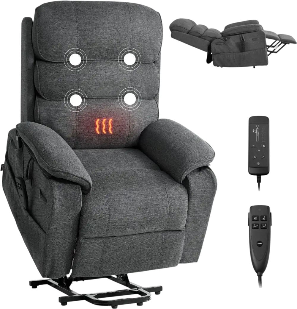 VEVOR Power Lift Recliner Chair, Dual Motor Medium Lift Chair with Heat and Massage for Elderly, Position Adjustable, Remote Control, with Side Pockets, Chenille Fabric, Dark Gray
