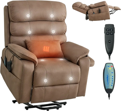 VEVOR Power Lift Recliner Chair, Dual Motor, Medium Wide Electric Lift Chair with Heat and Massage for Elderly, Infinite Position Adjustment, Leather Surface, with Storage Pocket, Cup Holder, Brown