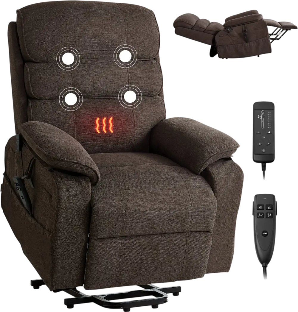 VEVOR Power Lift Recliner Chair, Dual Motor Medium Lift Chair with Heat and Massage for Elderly, Position Adjustable, Remote Control, with Side Pockets, Chenille Fabric, Brown