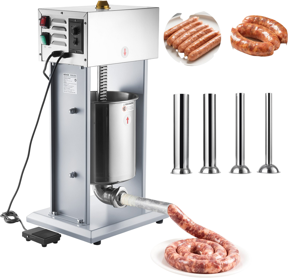 VEVOR Electric Sausage Stuffer, 22 LBS / 10 L Vertical Meat Filler with Stepless Speed Adjustment, Stainless Steel Sausage Stuffing Machine, Foot Pedal & 4 Filling Tubes, for Commercial and Home Use