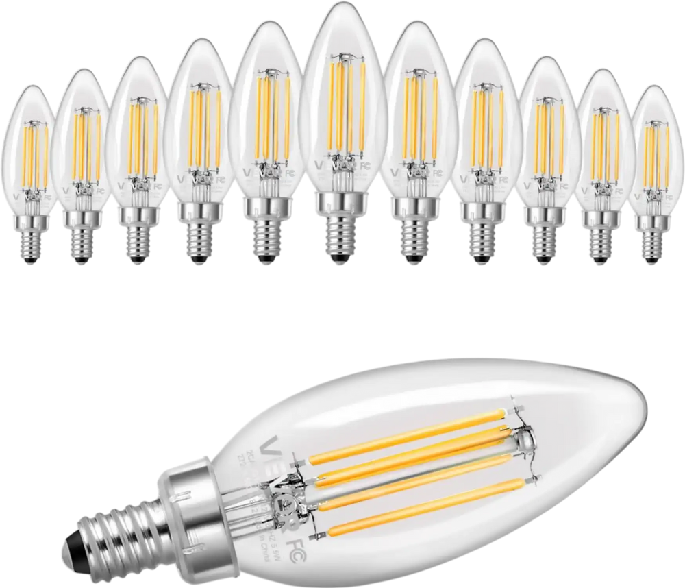 VEVOR LED Candelabra Bulbs, 12-Pack Dimmable Chandelier Light Bulbs, Vintage Clear Glass Candle Light Bulb with 2725K Warm Lighting, 90+ High CRI & E12 Base for Chandeliers, Wall Sconces & Table Lamps
