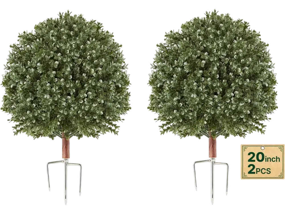 VEVOR Artificial Topiary Ball Boxwood Bush 20 in Set of 2 Green Fake Shrubs, PE Faux Trees with Metal Ground Spikes, Indoor & Outdoor Plant for Front Door, Entryway, Porch, Balcony, Patio, Garden