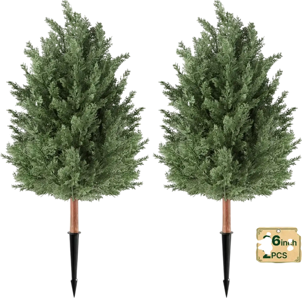 VEVOR Artificial Topiary Cedar Bush 3 Ft Set of 2 Greenery Fake Shrubs, PE Faux Trees with Ground Spikes, Indoor & Outdoor Green Plant for Front Door, Entryway, Porch, Balcony, Patio, Garden