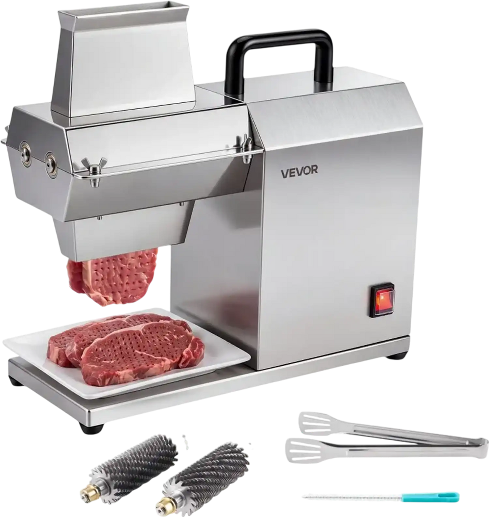 VEVOR Commercial Meat Tenderizer, 450W Electric Beef Machine 265 Lbs/H, for Turkey Chicken Pork, Heavy Duty Stainless Steel Kitchen Tool with 54 Blades, Food Tong, Cleaning Brush, Wide Feed Chute