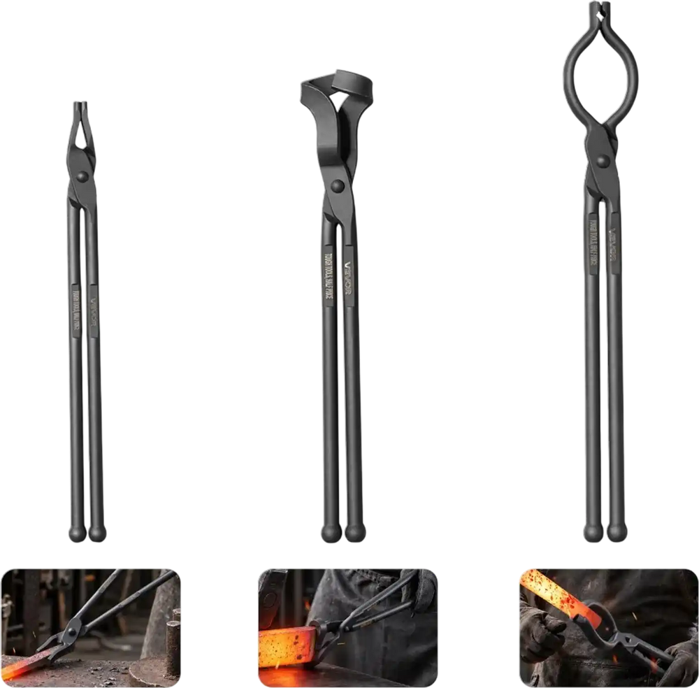 VEVOR Blacksmith Tongs 3-Piece V-Bit/Blade/Flat Jaw Tongs Set Carbon Steel, for Bladesmithing & Blacksmithing, Firm Grip, Extended Handles, Premium Material, Forge Tongs Bundle Set with Rivets, Black