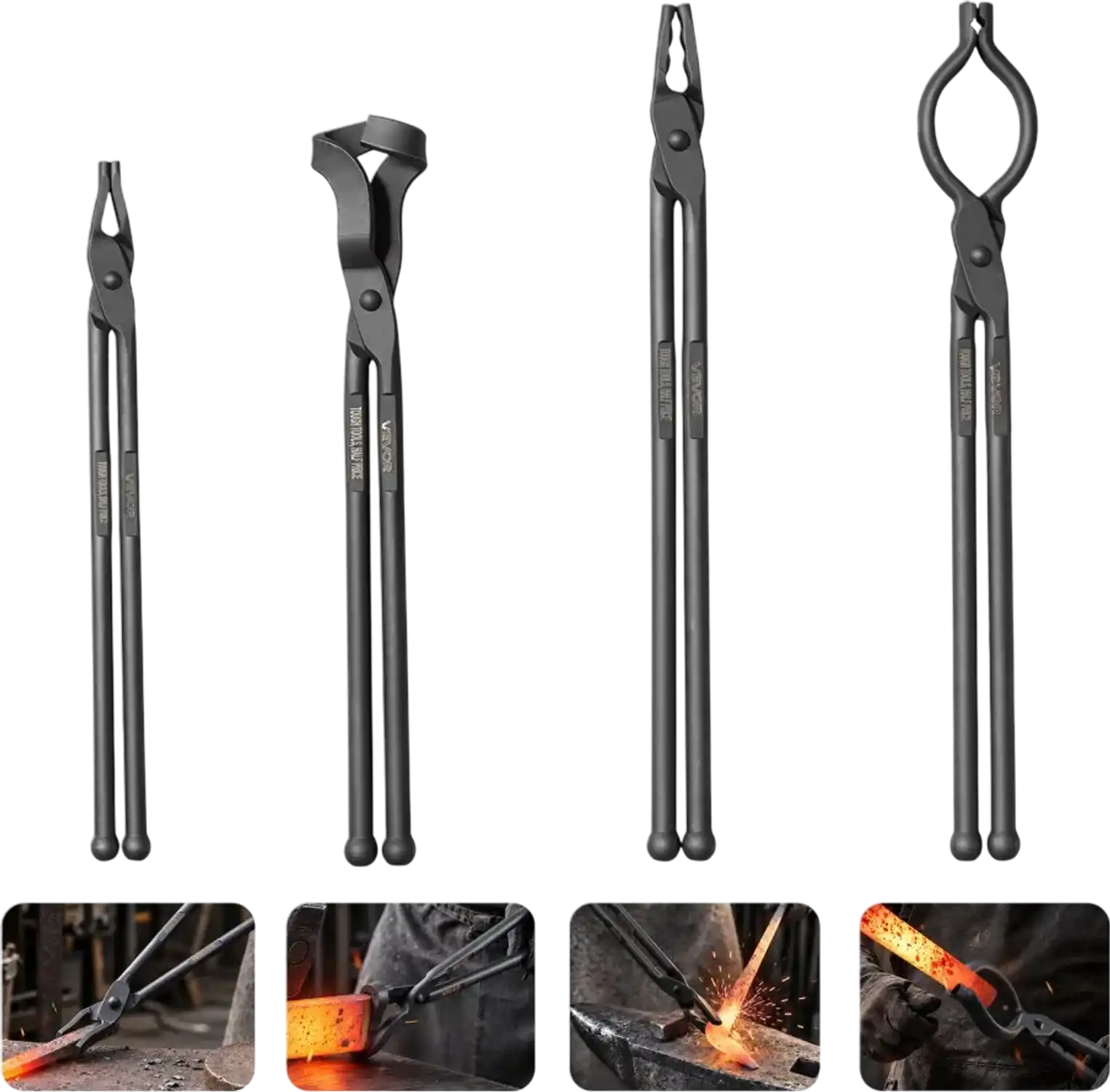 Vevor Blacksmith Tongs 4-Piece V-Bit Flat Blade Wolf Jaw Set New