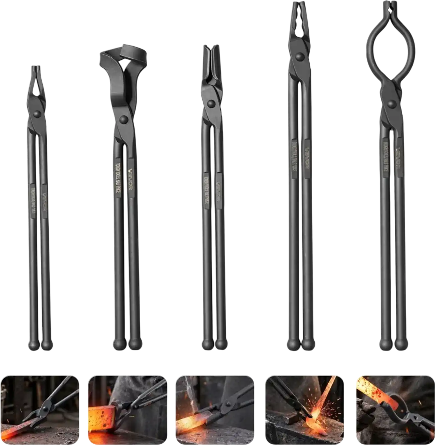 Vevor Blacksmith Tongs 5-Piece V-Bit Flat Blade Square Wolf Jaw Set New