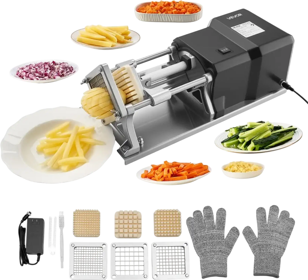 VEVOR Commercial French Fry Cutter, Stainless Steel Vegetable Fruit Chopper with 3 Replacement Blades 1/2-Inch 3/8-Inch 1/4-Inch, Electric Potato Slicer Dicer for Restaurants & Home Kitchen