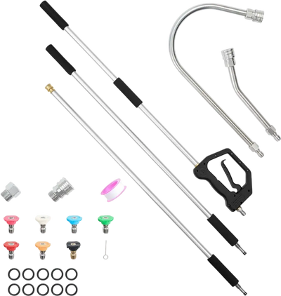 VEVOR 9 FT Pressure Washer Telescoping Wand, 3-Section with Power Washer Extension Wands, 7 Nozzles, Hose Adapter, Support Belt, Storage Bag, 4000 PSI Telescopic Gutter Cleaner for High Cleaning