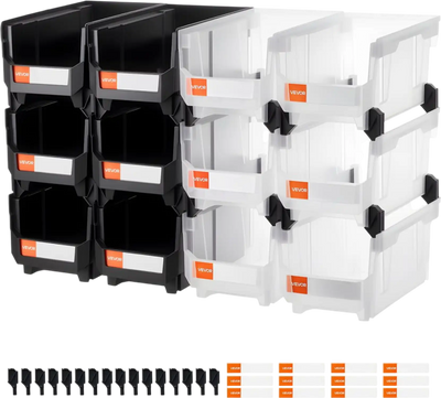 VEVOR Plastic Stackable Storage Bins, 14.8 x 8.5 x 7.1 inch (12 Pack), Plastic Containers for Organizing & Storage Bins for Garage, Small Parts, Office Supplies, Other Accessories, Black & Transparent