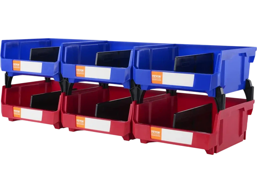 VEVOR Plastic Storage Bin, (11-Inch x 11-Inch x 5-Inch), Hanging Stackable Storage Organizer Bin, Blue/Red, 6-Pack, Heavy Duty Stacking Containers for Closet, Kitchen, Office, or Pantry Organization