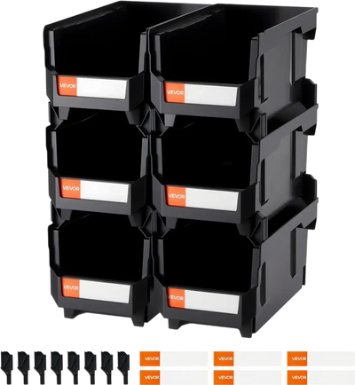 VEVOR Plastic Stackable Storage Bins, 14.8 x 8.5 x 7.1 inch (6 Pack), Plastic Containers for Organizing and Storage Bins for Closet, Garage, Small Parts, Office Supplies and Other Accessories, Black
