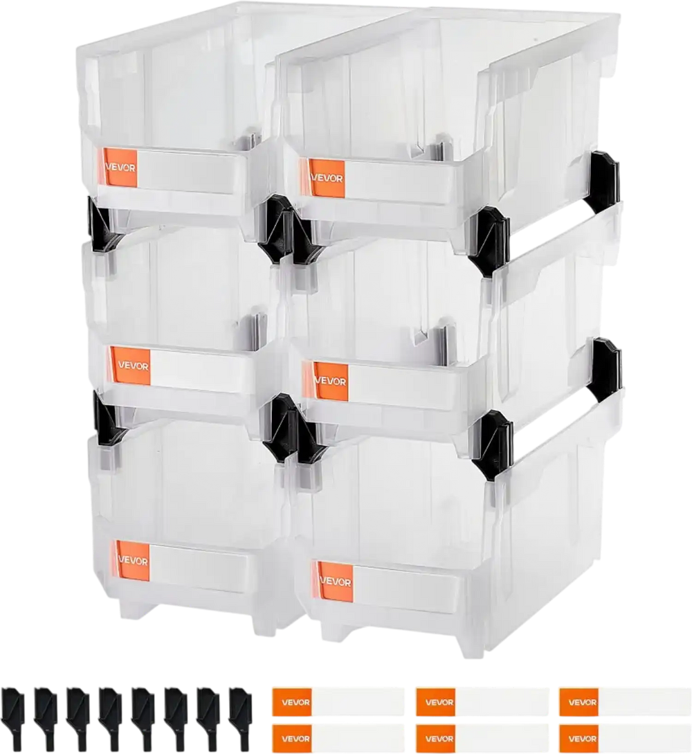 VEVOR Plastic Stackable Storage Bins, 14.8 x 8.5 x 7.1 inch (6 Pack), Plastic Containers for Organizing & Storage Bins for Closet, Garage, Small Parts, Office Supplies, Other Accessories, Transparent