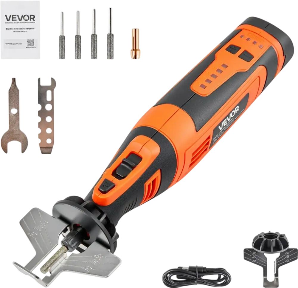 VEVOR Cordless Chainsaw Sharpener, 5-Speed Adjustable Electric Saw Chain Sharpener 5000-30000 RPM, Rechargeable Handheld Chainsaw Sharpening Tool with 4 Sharpening Heads & Angle Guide Attachment