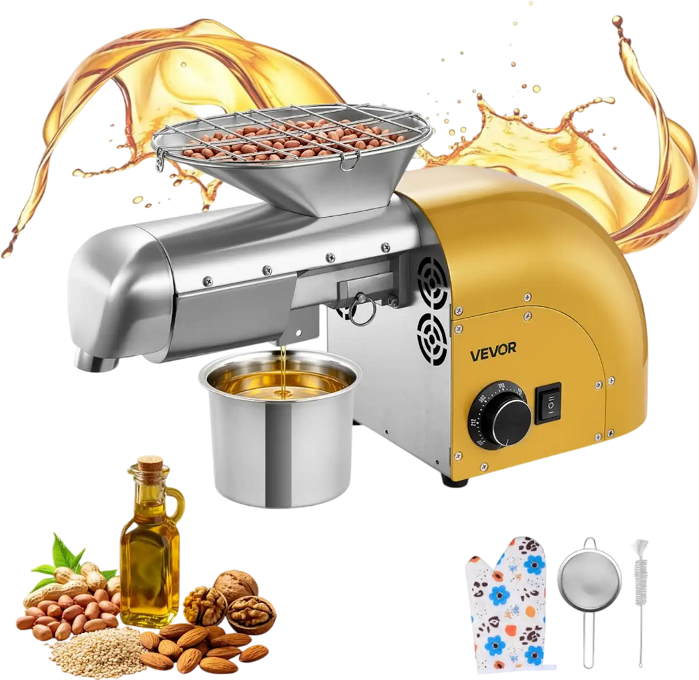 VEVOR Oil Press Machine, 11 LBS/H Capacity, 1250W Oil Extractor Machine, Automatic Electric Oil Maker for Home Commercial Use, 122℉–572℉ Hot & Cold Pressing for Peanuts Sesames Soybeans Almonds