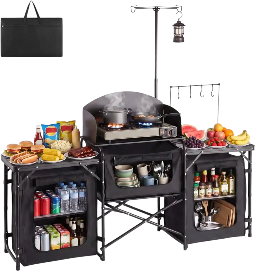 VEVOR Folding Camping Table, Outdoor Portable Table, Quick Set-up Kitchen Cook Station, with Storage Organizer, Telescoping Legs, a Detachable Windscreen, Carrying Bag, for Picnic BBQ RV Traveling