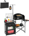 VEVOR Camping Kitchen Table, Outdoor Camp Cooking Table, Aluminum Portable Cook Station with Storage Cupboard, Carrying Bag, Detachable Windscreen, Quick Set-up for BBQ Party Picnic RV Travel, Black