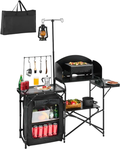 VEVOR Camping Kitchen Table, Outdoor Camp Cooking Table, Aluminum Portable Cook Station with Storage Cupboard, Carrying Bag, Detachable Windscreen, Quick Set-up for BBQ Party Picnic RV Travel, Black