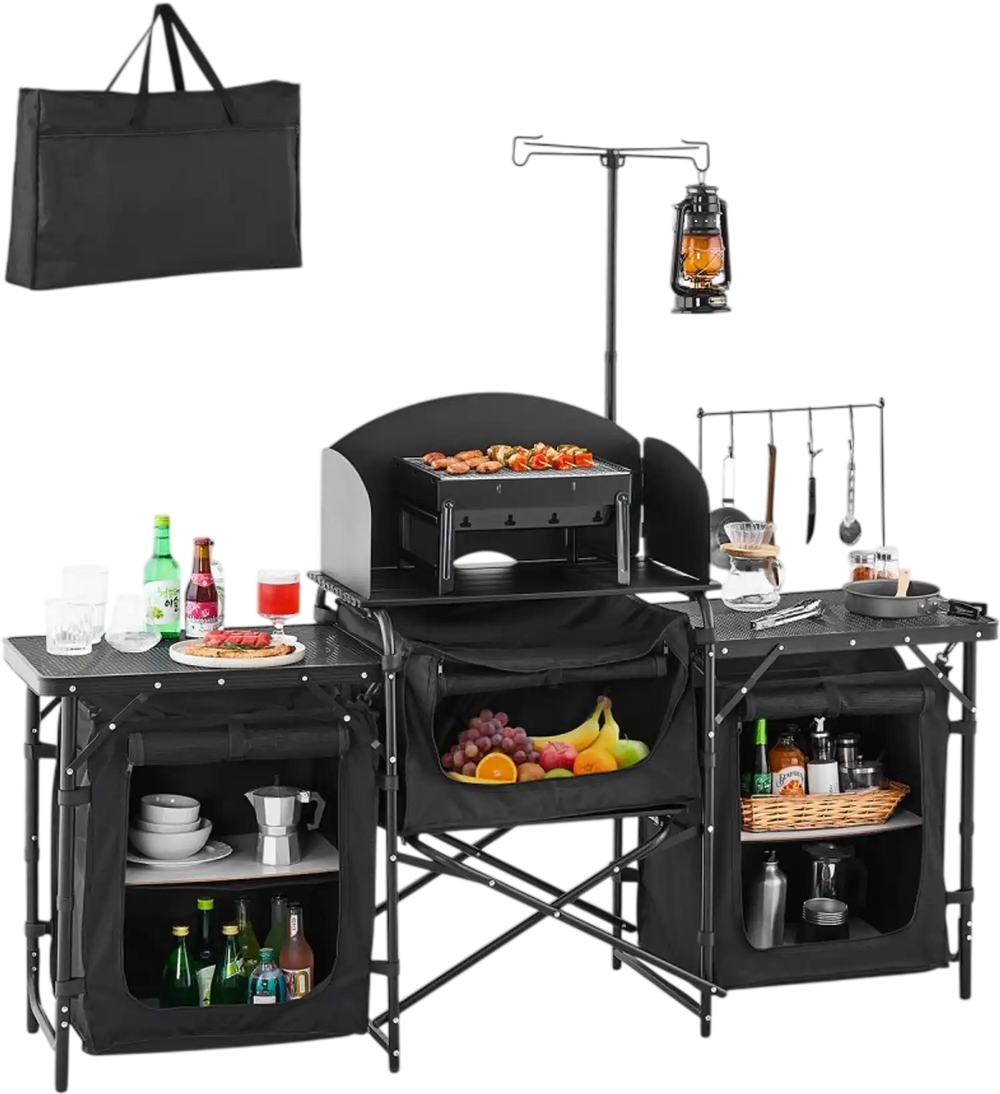 VEVOR Camping Kitchen Table, Outdoor Camp Cooking Table, Aluminum Portable Cook Station with 3 Storage Cupboard, Carrying Bag, Detachable Windscreen, Quick Set-up for BBQ Party Picnic RV Travel, Black