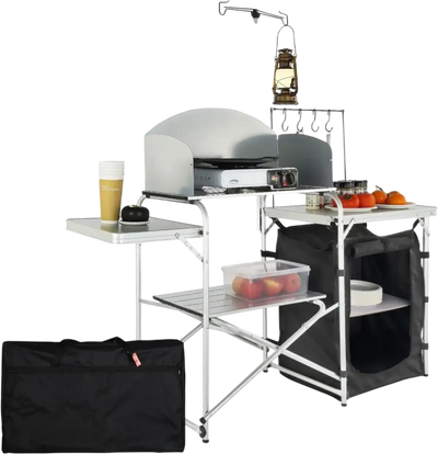 VEVOR Camping Kitchen Table, Folding Outdoor Cooking Table with Storage Carrying Bag, Aluminum Cook Station 1 Cupboard & Detachable Windscreen, Quick Set-up for Picnics, BBQ, RV Traveling, Black