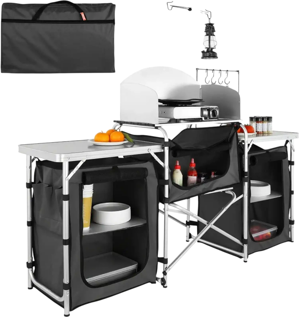 VEVOR Camping Kitchen Table, Folding Outdoor Cooking Table with Storage Carrying Bag, Aluminum Cook Station 3 Cupboard & Detachable Windscreen, Quick Set-up for Picnics, BBQ, RV Traveling, Black
