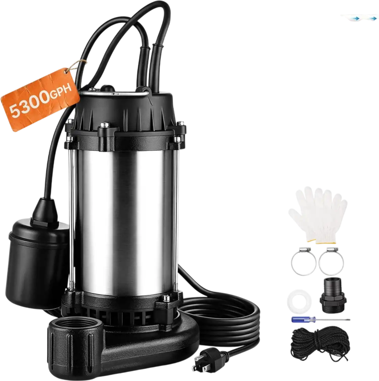 Vevor Sewage Pump 1 HP 5300 GPH Stainless Steel Submersible Sump Pump with Float Switch New