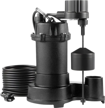 VEVOR Submersible Sewage Pump, 1/3 HP, 3000 GPH Cast Iron Sewage/Effluent Pump with Automatic Float Switch, 1.5-Inch NPT Discharge, 120V, 25 ft Lift, for Basement, Septic Tank, Residential Sump Basin