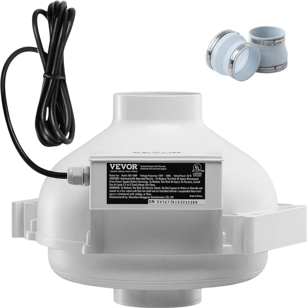 VEVOR 4 to 4.5 inch Radon Mitigation Fan System, Quiet 260 CFM Radon Mitigation Kit with 2 Couplers, Waterproof Radon Fan Electric Inline Duct Fan Exhaust Fan for Indoor Outdoor Ventilation