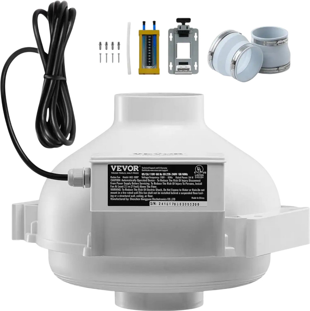 VEVOR 4 to 4.5 inch Radon Fan Installation Kit, Quiet 260CFM Radon Mitigation Fan System Kit with 2 Couplers, Pressure Indicator, Waterproof Inline Duct Fan Exhaust Fan for Indoor Outdoor Ventilation