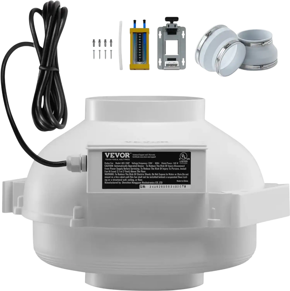 VEVOR 6 to 4.5 inch Radon Fan Installation Kit, Quiet 380CFM Radon Mitigation Fan System Kit with 2 Couplers, Pressure Indicator, Waterproof Inline Duct Fan Exhaust Fan for Indoor Outdoor Ventilation