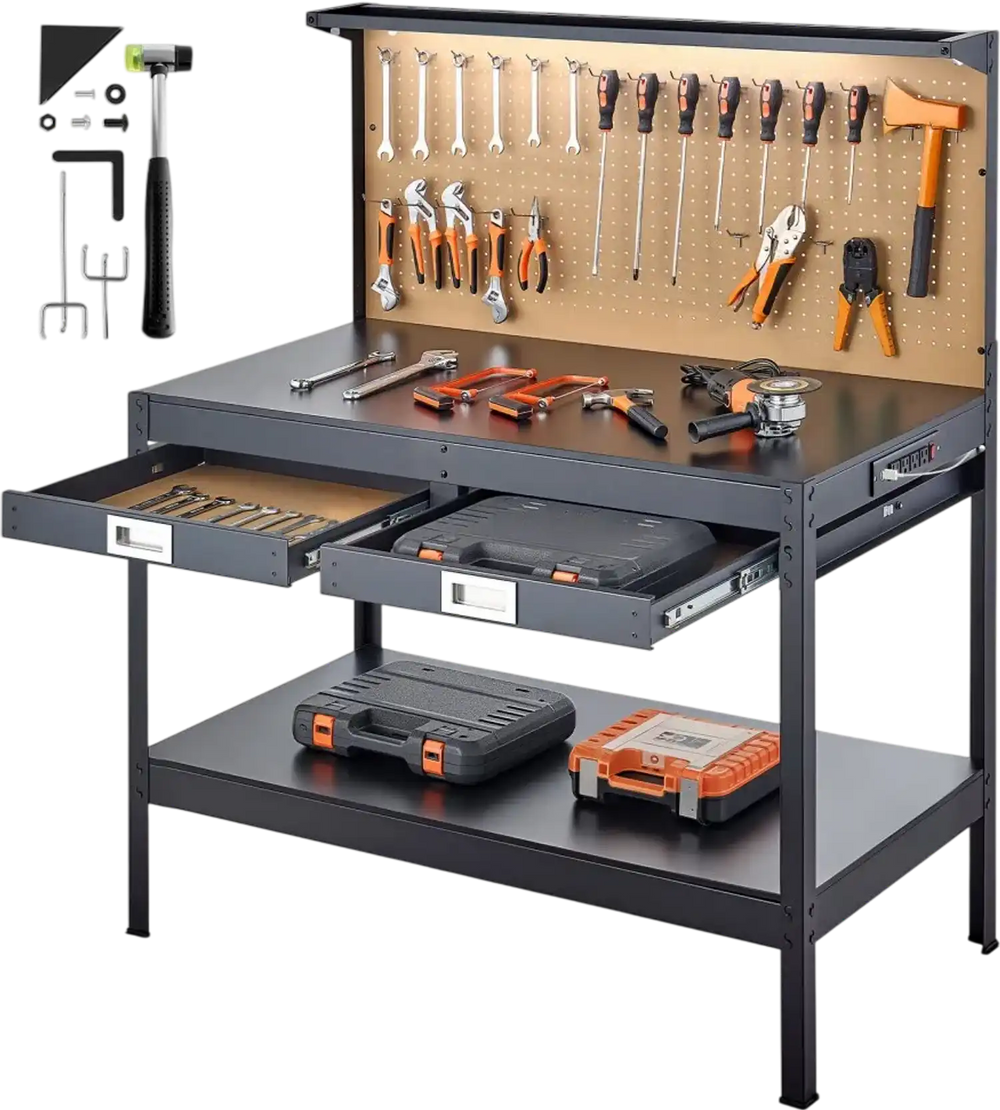 VEVOR Hardwood Workbench, 242.5 lbs Weight Capacity, 47.2-inch Heavy Duty Workbench with Pegboard, 4 AC Outlets & 2 USB Ports, 4.9 ft Cable & 30 Hooks, Garage Work Bench with Drawer for Workshop