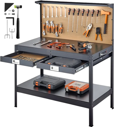 VEVOR Hardwood Workbench, 242.5 lbs Weight Capacity, 47.2-inch Heavy Duty Workbench with Pegboard, 4 AC Outlets & 2 USB Ports, 4.9 ft Cable & 30 Hooks, Garage Work Bench with Drawer for Workshop