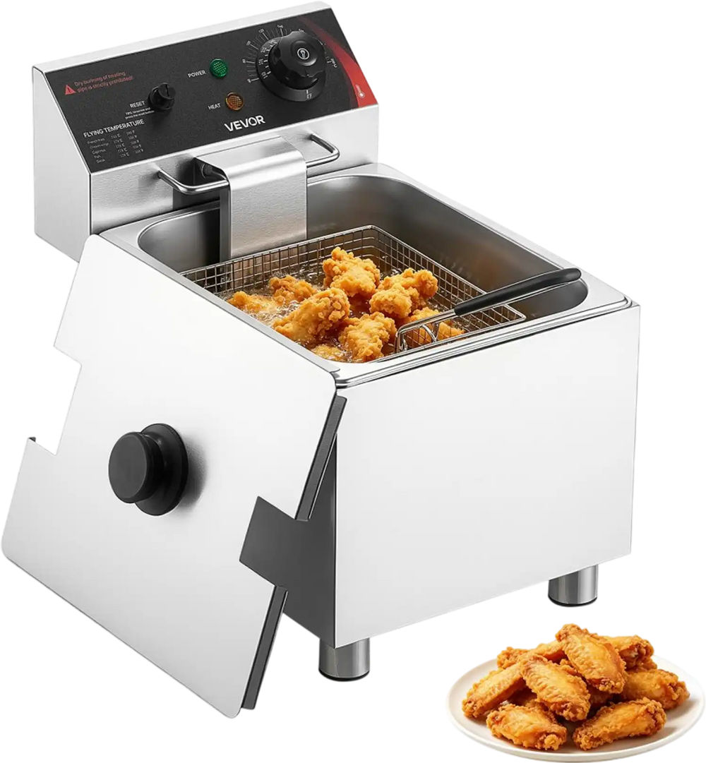 VEVOR Commercial Electric Deep Fryer, 12.15 Qt, 1750W Stainless Steel Countertop Fryer with Basket and Lid, Overheat Protection, Temp Control, Adjustable Feet for Commercial Restaurant Use, Silver