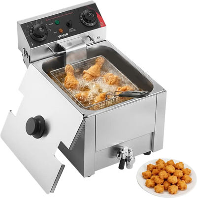 VEVOR Commercial Electric Deep Fryer, Oil Filtration Upgrade, 9.51 Qt, 1750W Stainless Steel Countertop Fryer with Basket and Lid, Temp Control, Oil Drain Valve for Commercial Restaurant Use, Silver