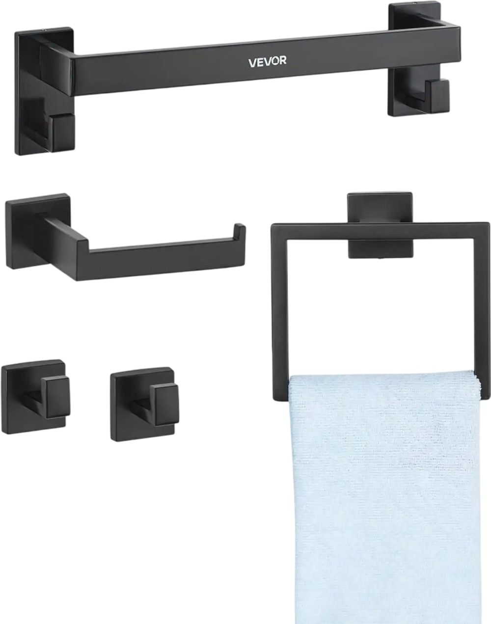VEVOR Matte Black Bathroom Hardware Set, 5 Pieces Bathroom Accessories Set, Stainless Steel 16 inch Towel Bar, Towel Rack, 2 Robe Towel Hooks, Toilet Paper Holder for Bath Room, Wall Mounted