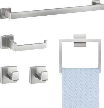 VEVOR Brushed Nickel Bathroom Hardware Set, 5 Pieces Bathroom Accessories Set, Stainless Steel 24 inch Towel Bar, Towel Rack, 2 Robe Towel Hooks, Toilet Paper Holder for Bath Room, Wall Mounted