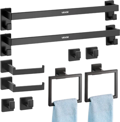 VEVOR Matte Black Bathroom Hardware Set, 10-Piece Bathroom Accessories Set, 2 Stainless Steel 24-in Towel Bars, 2 Towel Racks, 4 Robe Towel Hooks, 2 Toilet Paper Holders for Bath Room, Wall Mounted