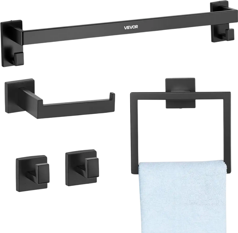 VEVOR Matte Black Bathroom Hardware Set, 5 Pieces Stainless Steel Bathroom Accessories Set, 24-inch Towel Bar, Towel Rack, 2 Robe Towel Hooks, Toilet Paper Holder, for Bath Room, Wall Mounted