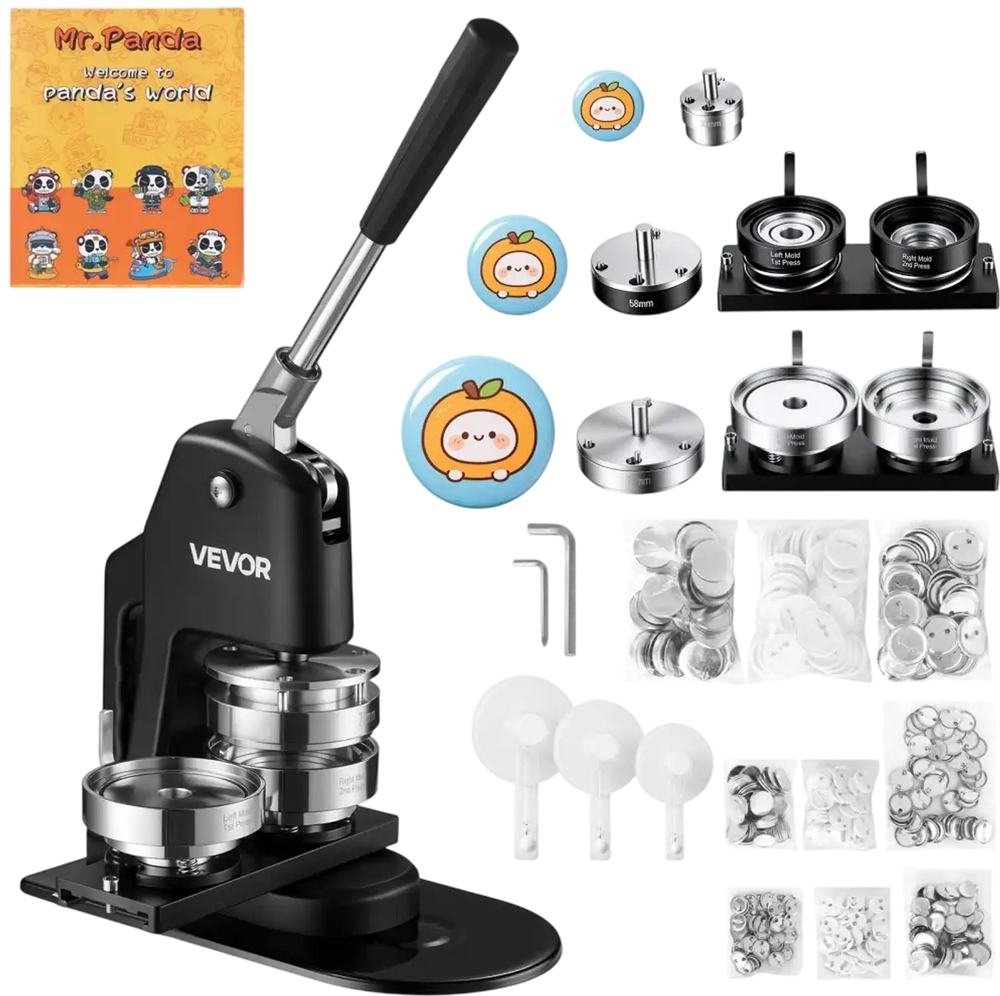 VEVOR Button Maker Machine 1.25"/2.25"/3"(32/58/75 mm) 3-in-1 Pin Maker, with 300pcs Button Parts, Circle Cutter, Magic Book, Ergonomic Handle, for DIY Badges, Pins, Fridge Magnets and Key Chains
