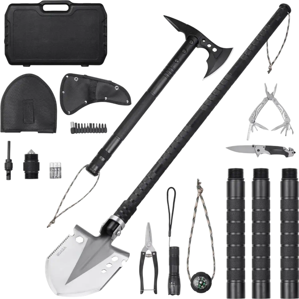 VEVOR Survival Shovel Survival Axe, 28-in-1 Camping Folding Shovels with Hatchet, Stainless Steel Tactical Shovel Hatchet Combo, Multifunctional Emergency Survival Gear Equipment for Camping Hiking