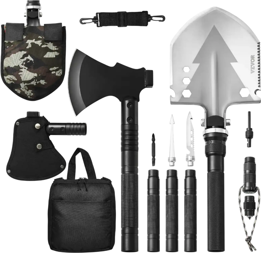 VEVOR Survival Shovel Survival Axe, 16-in-1 Camping Folding Shovels with Hatchet, Stainless Steel Tactical Shovel Hatchet Combo, Multifunctional Emergency Survival Gear Equipment for Camping Hiking