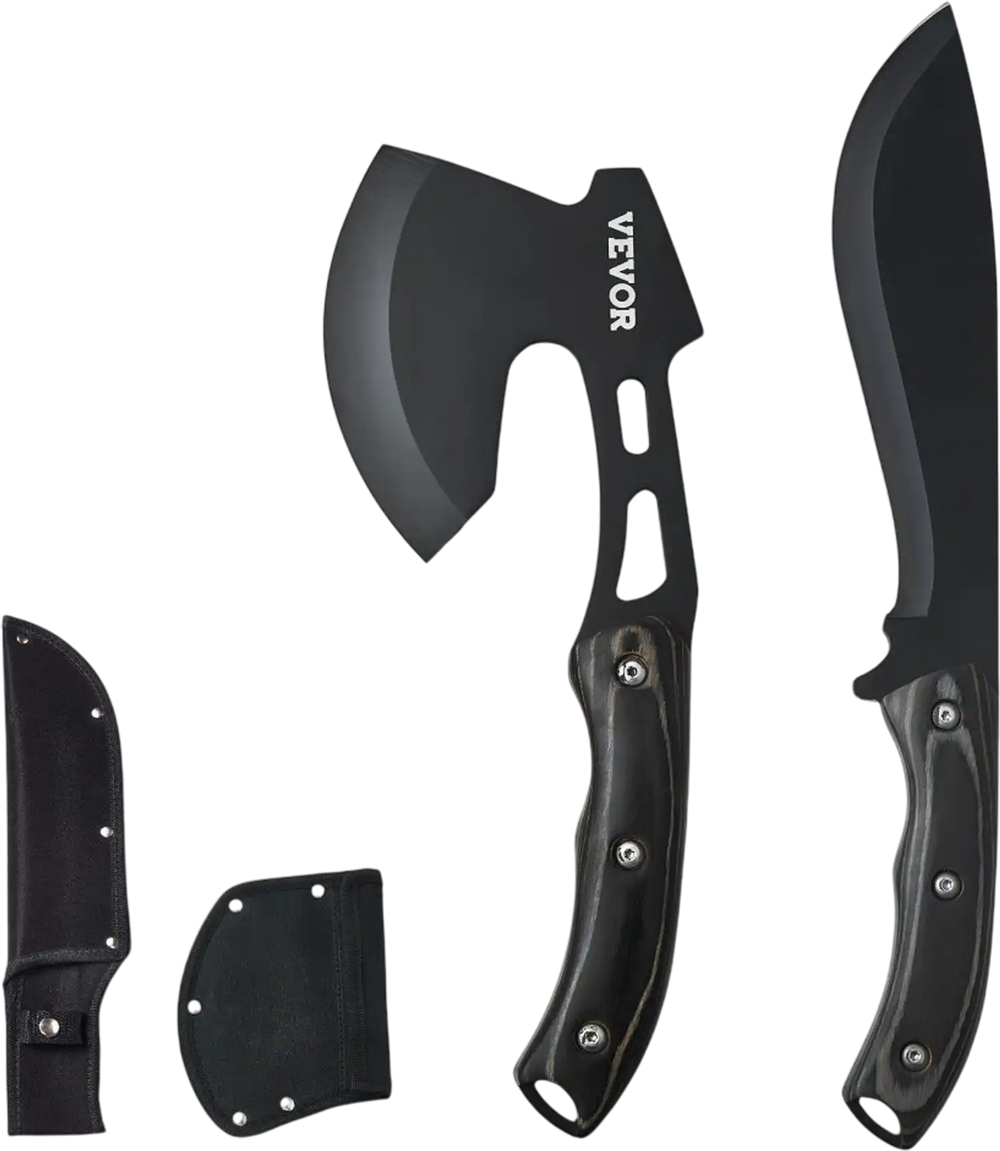 VEVOR Hunting Knife and Hatchet Axe Combo Set with Sheath, Fixed Blade Tactical Knife and Camping Axe, Stainless Steel Survival Knife and Camping Hatchet for Outdoor Survival Hunting Camping Adventure