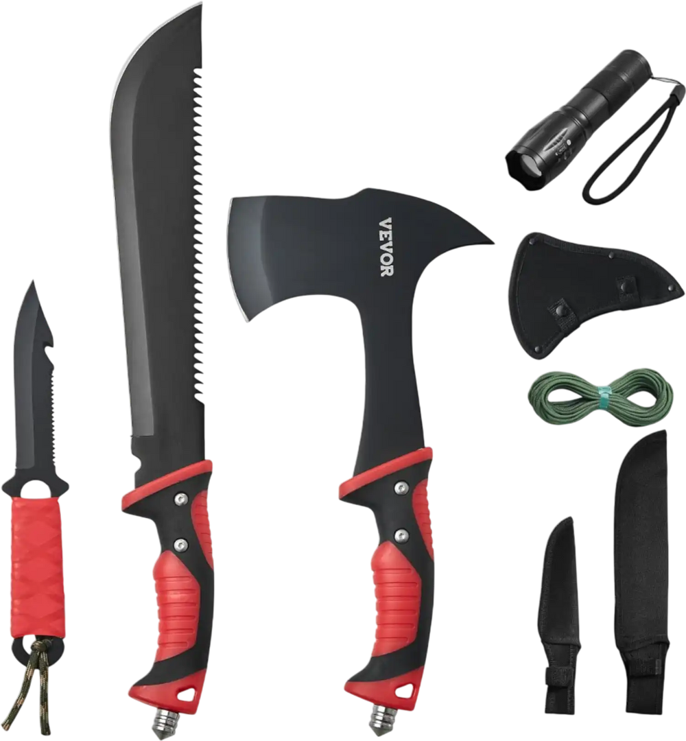 VEVOR Camping Hatchet and Machete Knife Set with Sheath, Hunting Knife, Flashlight, Paracord, 16 inch Machete, Stainless Steel Camping Axe Tool Set for Outdoor Survival Hunting Camping Adventure