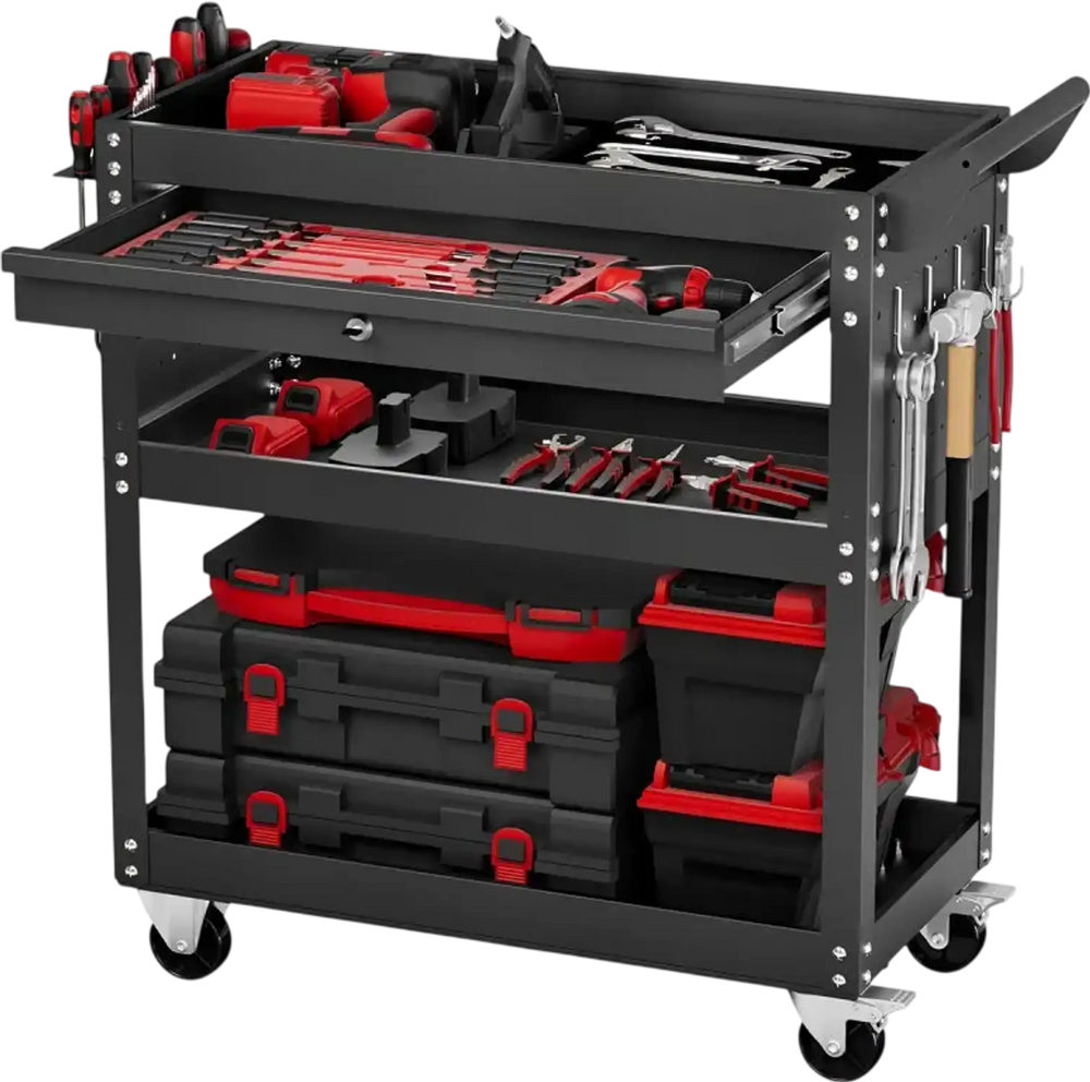 VEVOR 4-Tier Tool Cart with Wheels, 350 lbs Load Capacity, Rolling Work Cart with Drawer & Pegboard, Mechanic Tool Storage Organizer with Locking System for Garage, Warehouse and Repair Shop, Black