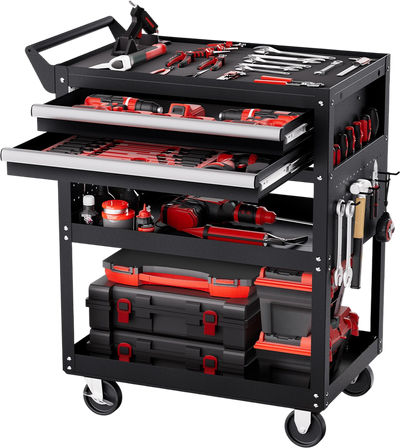 VEVOR 5-Tier Tool Cart with Wheels, 400 lbs Load Capacity, Rolling Work Cart with 2 Drawers & Pegboard, Mechanic Tool Storage Organizer with Locking System for Garage, Warehouse and Repair Shop, Black