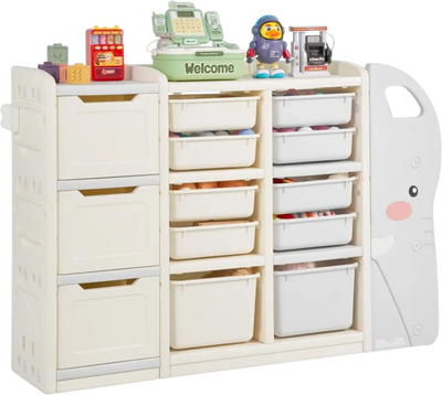 VEVOR Kids Toy Storage, 4-Tier Elephant-Shape Toy Storage Organizer with 10 Plastic Movable Bins, Kids Cubby Cabinet Made from HDPE for Study Room, Bedroom, Playroom, Classroom, Nursery, Gray + Beige