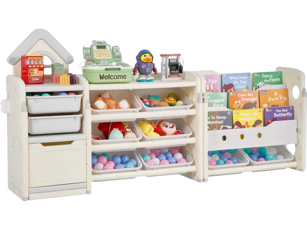 VEVOR Kids Toy Storage with Bookshelf, 4-Tier Toy Storage Organizer with 10 Movable Plastic Bins, Kids Cubby Cabinet with Bookshelf for Study Room, Bedroom, Playroom, Classroom, Nursery, Gray + Beige